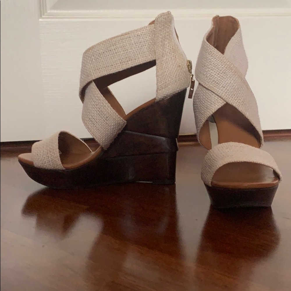 DVF burlap and wood sandal wedges